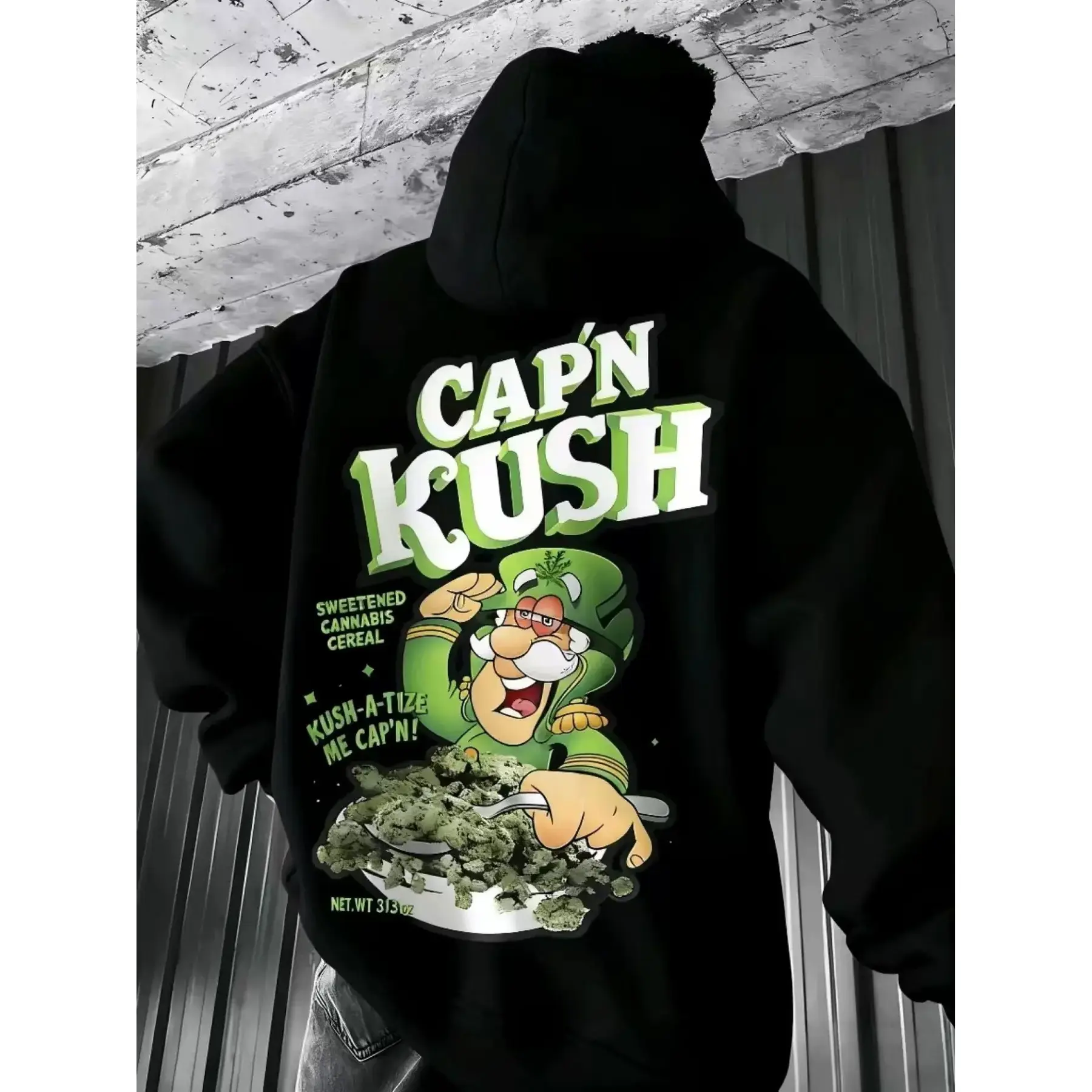 Men's Oversized Capn Kush Graphic Hoodie - Retro 90s Cartoon Weed Print Pullover, Heavyweight Fleece Lined Streetwear Hoodie, Street Fashion Hoodie for Hip Hop & Skate, 420 Cannabis Themed Vintage, Stoner Gifts, Black Hoodie with Bold Green Print