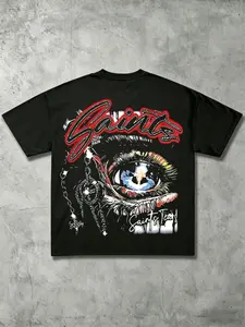 Men's Oversized Graphic T-Shirt, Saints Eye Print Streetwear Tee, Retro Grunge Hip Hop Short Sleeve Top, Drop Shoulder Casual Cotton Shirt for Summer Daily Wear Skateboarding, Menswear