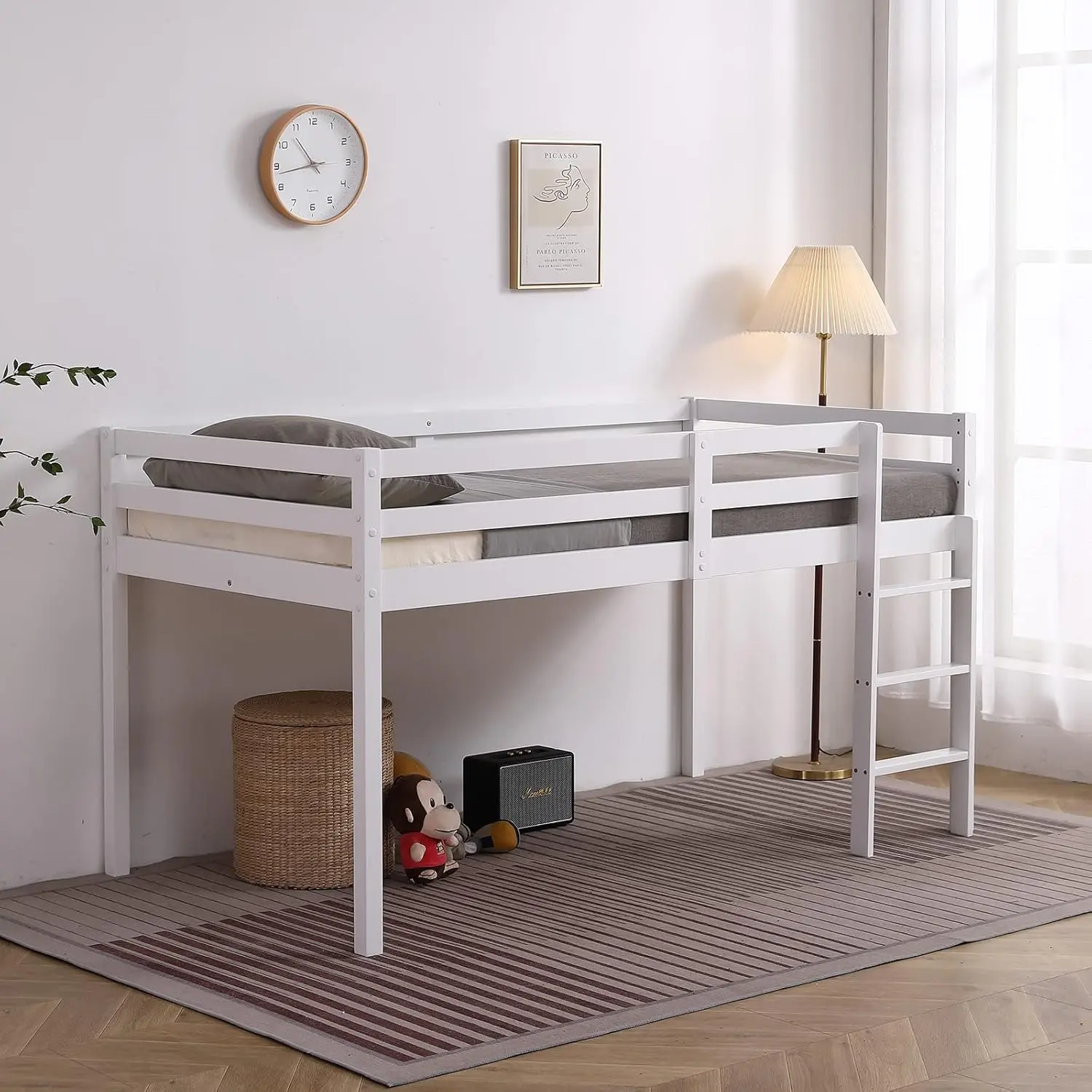 Twin Low Loft Wood Bed Frame with Vertical Ladder,Loft Bed Twin Size with Full Length Guardrail,Solid Pine Hardwood High Loft Beds for Kids,White