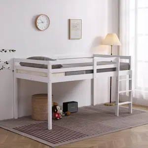 Twin Low Loft Wood Bed Frame with Vertical Ladder,Loft Bed Twin Size with Full Length Guardrail,Solid Pine Hardwood High Loft Beds for Kids,White