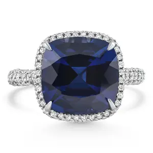 8.50Ct TW Cushion Blue Sapphire & pave Diamond Ring 14k White Gold Lab Grown