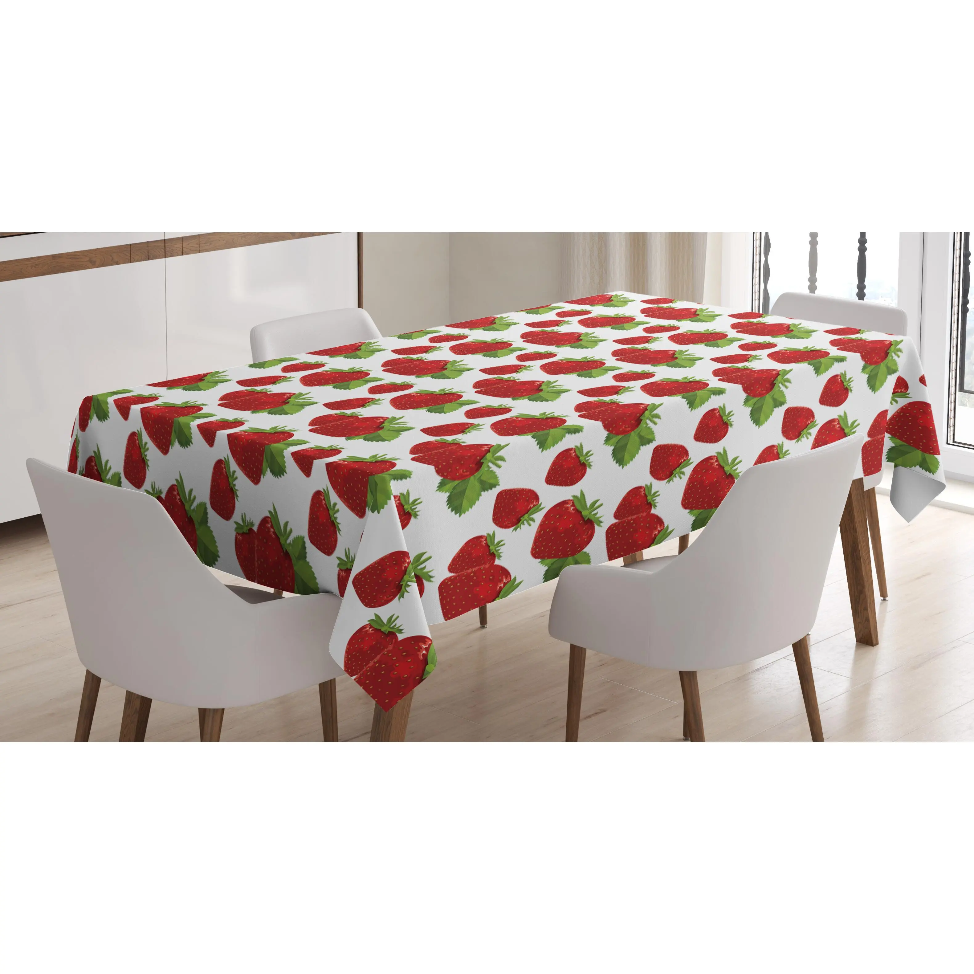 Strawberry Tablecloth, Delicious Exotic Food Theme Colorful Strawberries Print Illustration, Rectangular Table Cover for Dining Room Kitchen Decor, 60" X 90", Lime Green Vermilion