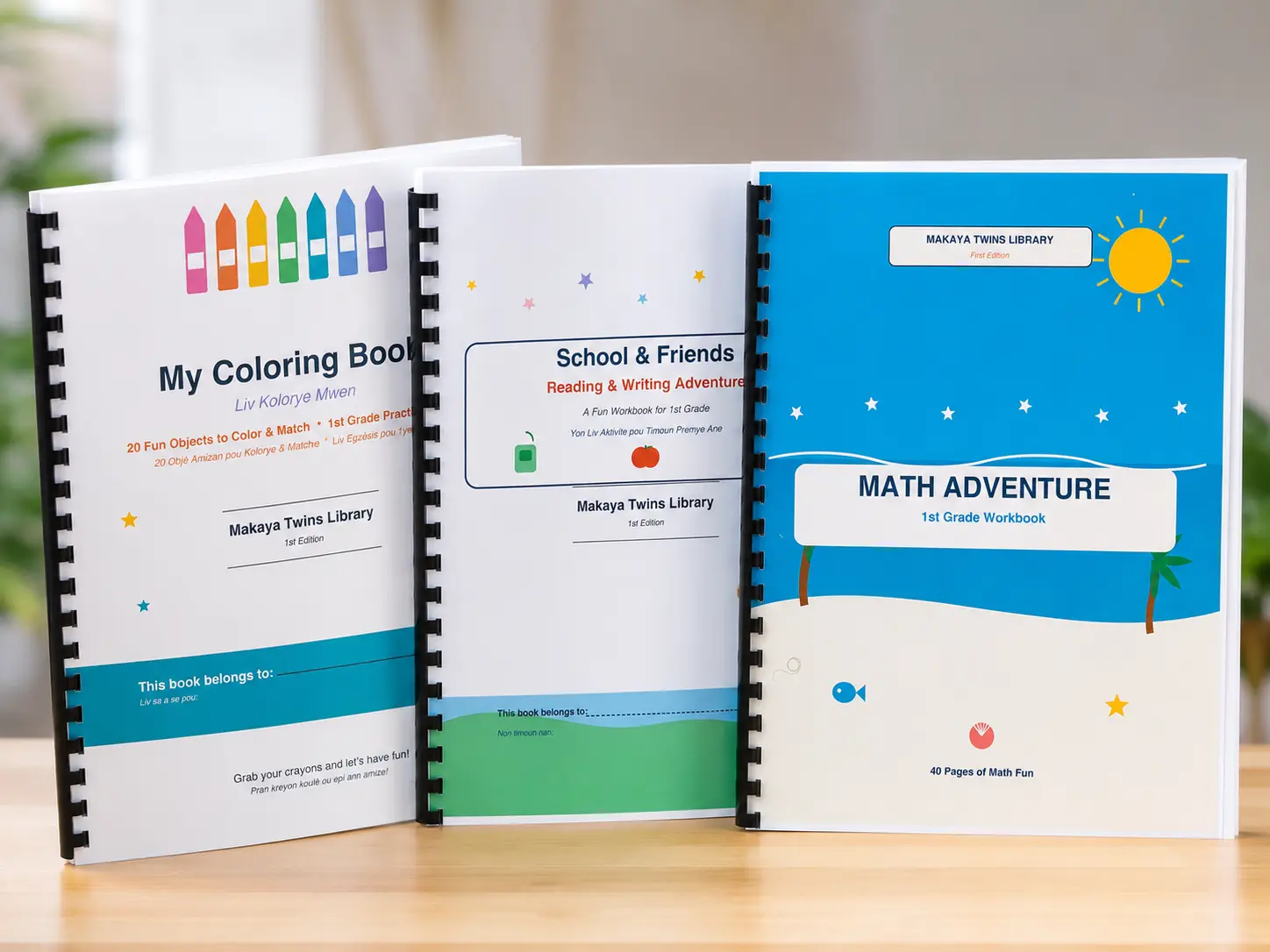 Set of 3 workbooks for First graders. Math, reading and writing and coloring book