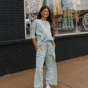 Pastel Dream Lounge Set - Comfortable Striped Top & Wide Leg Pants for Relaxed Style Loungewear