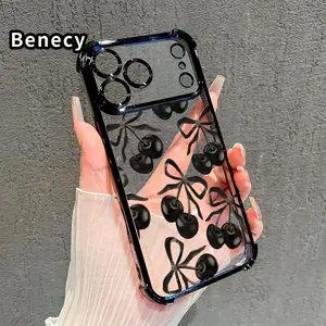 Black Cherry Pattern Four Corner Anti-Fall Phone Case Transparent Electroplated Protective Cover for iPhone 17 16 Pro Max 15 Plus 14 13 12 11 E Air