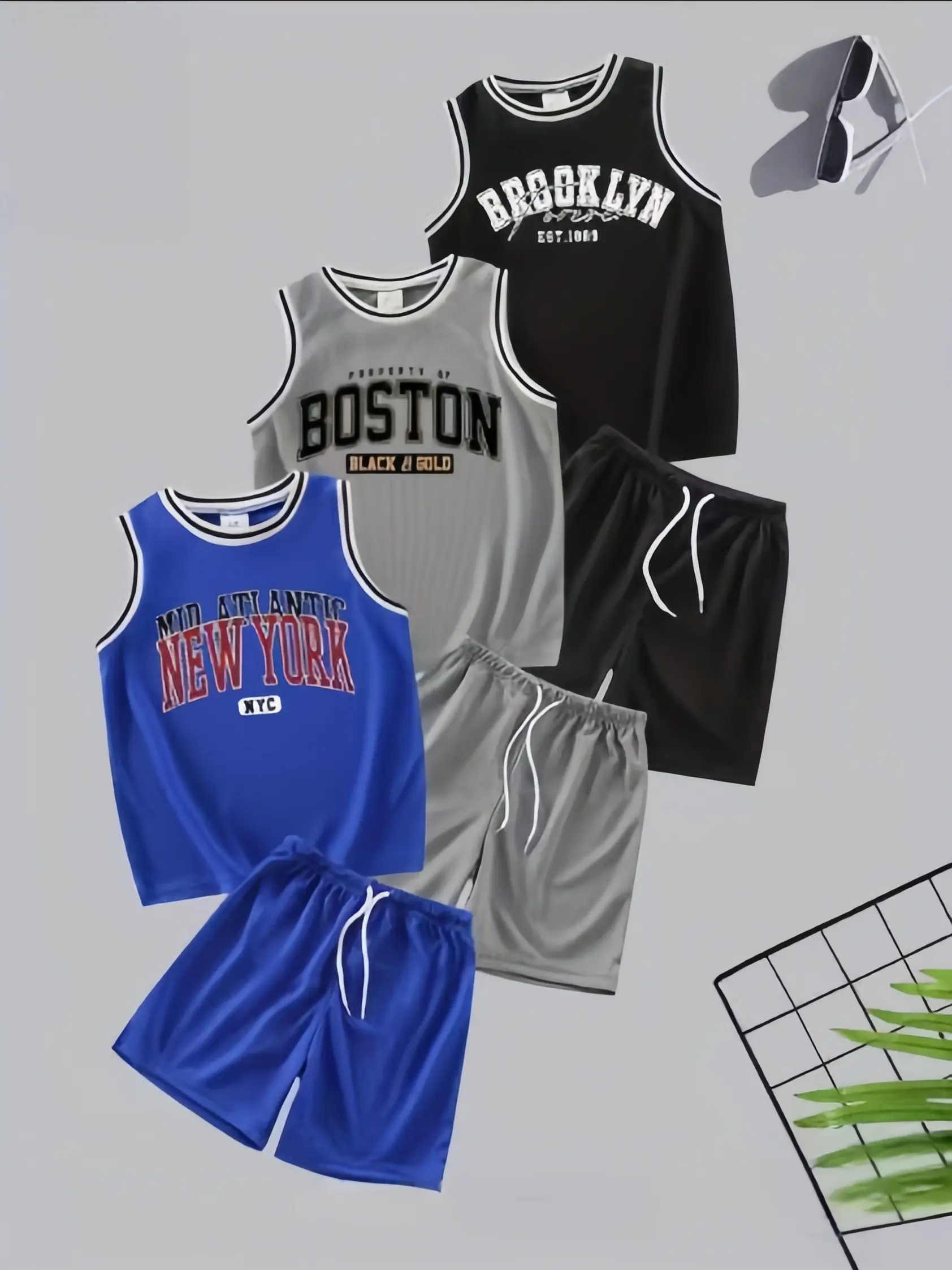 Scbebe Kids' 6-Piece Sporty Basketball Set - Lightweight Digital Letter Print Sleeveless Tank & Shorts, Unisex Sports Outfits for Toddlers to Kids Aged 3-12