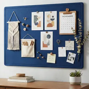 Bulletin Board, 24" x 16" Foldable Felt Notice Pin Board for Wall, Decorative CorkBoard Photo Display Board with Self-Tape, Vision Board Cork Board Alternative with 25 Pushpins - Blue