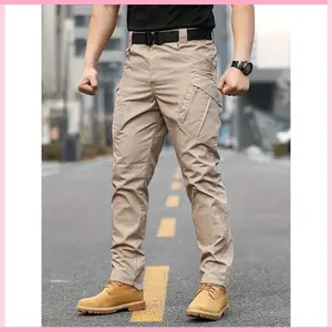Men’s tactical pants made of 100% polyester, sports style; non-stretch solid-color cargo pants with pockets for hiking and casual weekend wear; suitable for all four seasons; men’s apparel, green.