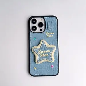 Denim Embroidery Case for IP12-16 Pro Max Custom Letter Personalization Couple Design Soft Silicone Screen Protector Shockproof Protective Cover