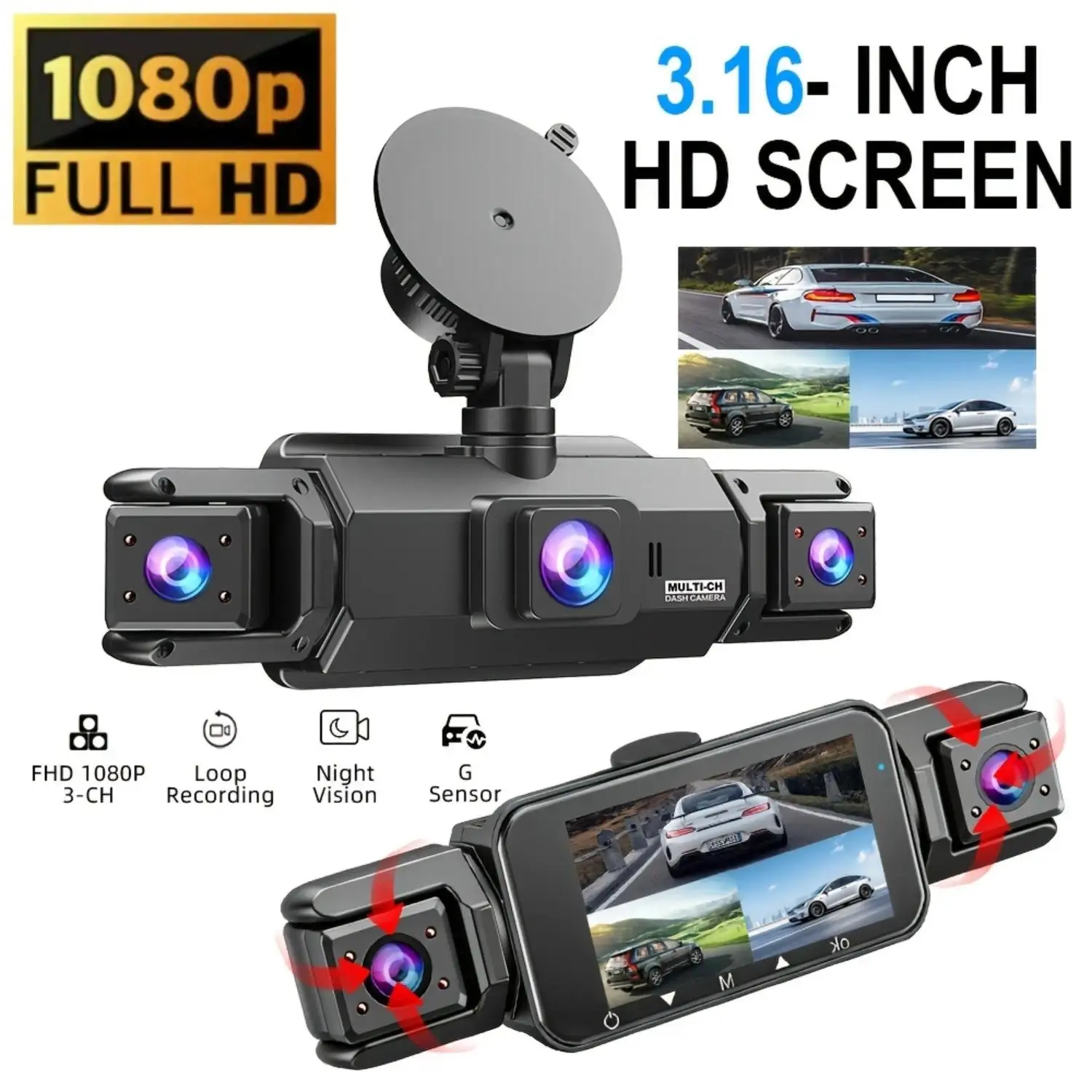 Full HD 1080P Car Dash Cam for Cars, SUVs - Driving Safety Accessory with 2/3/4 Multi-Channels Recording, Wide Angle Lens, G-Sensor Lock, Loop Recording, Optional WiFi, Optional 32GB Card