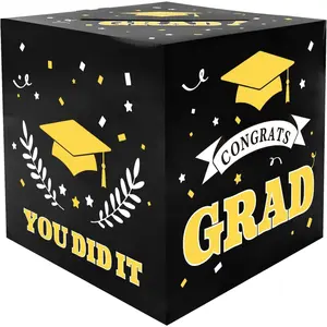 Graduation Card Box, Black Gold, 9 x 9 x 9 Inches, Class of 2025, Party Favors, Money Box, Gift Box, Grad Party Decorations