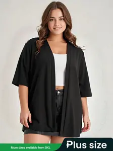【Plus Size】 Solid Color Open Front Coat, Casual Comfy Coat for Daily Outdoor Wear, Women Plus Clothing for Summer