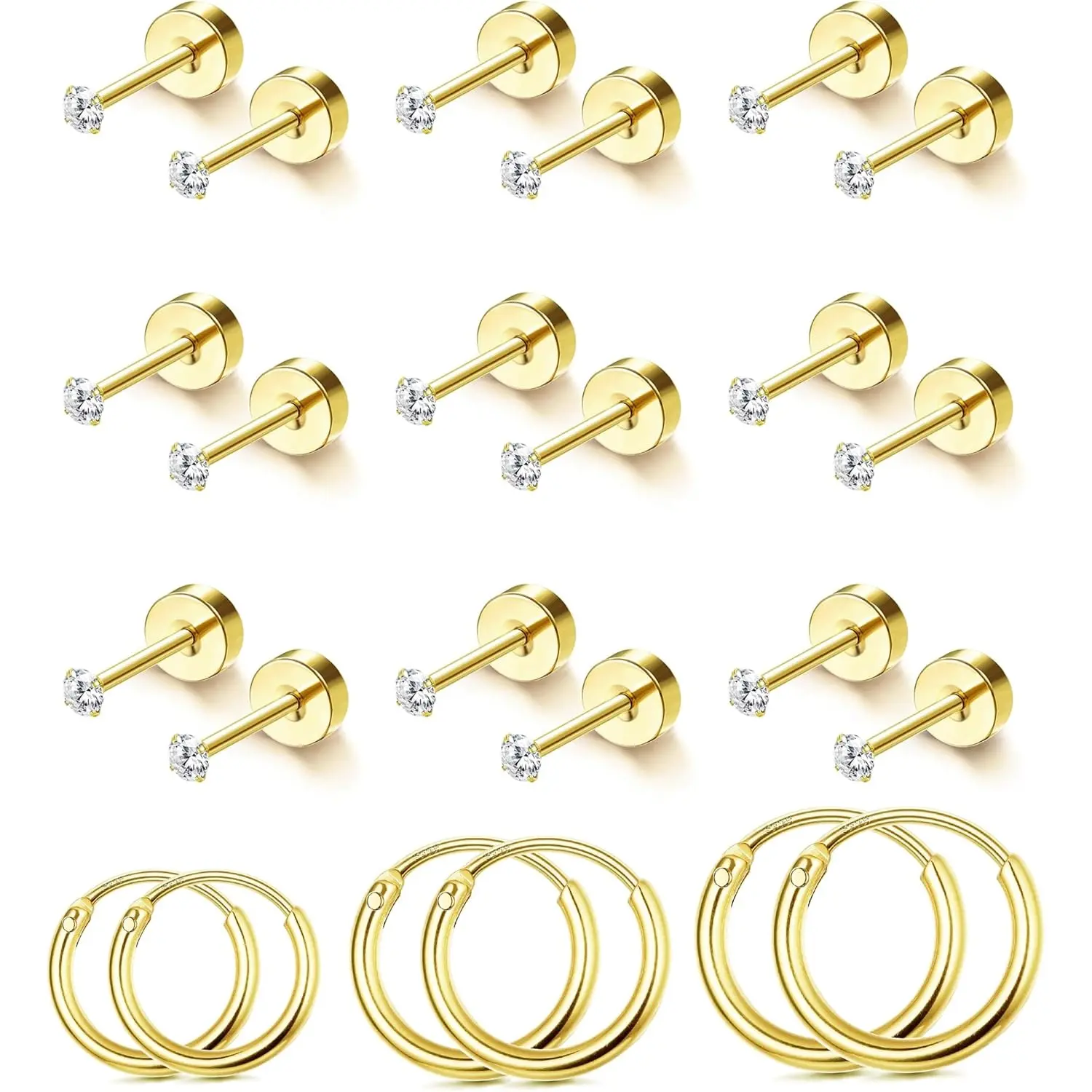 YADOCA Tiny Hypoallergenic Flat Back Earrings - Surgical Steel Earrings For Women Men 14K Gold Plated Flatback Stud Earrings 20G Small Cartilage Earring Hoop 12 Pairs 2/3/4mm Screw Back Earrings