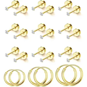 YADOCA Tiny Hypoallergenic Flat Back Earrings - Surgical Steel Earrings For Women Men 14K Gold Plated Flatback Stud Earrings 20G Small Cartilage Earring Hoop 12 Pairs 2/3/4mm Screw Back Earrings