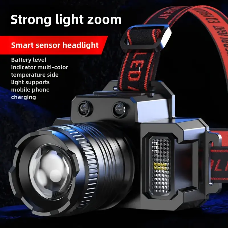 1pack Led Wave Induction Headlamp, Strong Light LED Headlamp, with 5 Lighting Modes, Adjustable Focal Length and 90 °   Tilt, Perfect for Camping, Hunting, Hiking and Adventure, Rechargeable Camping Lantern