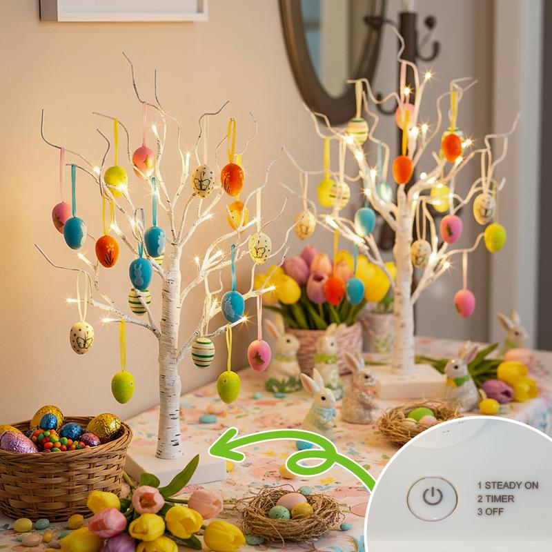 EAMBRITE Easter Decorations Lighted White Birch Tree with 18x2 Eggs Ornaments, 24 LED Lights, Battery Powered Timer, Tabletop Centerpiece for Spring Home Decor, 2 Pack