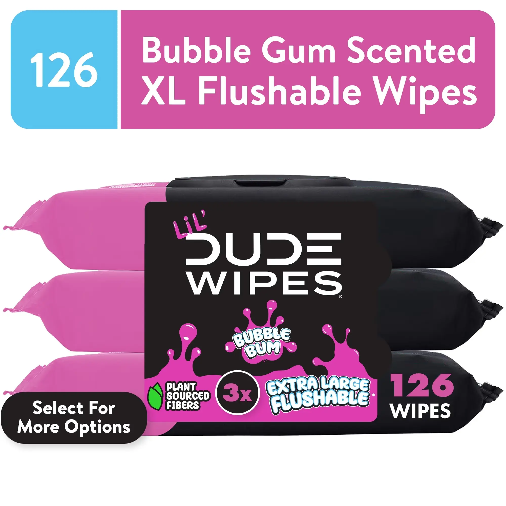 LiL' DUDE Flushable Wipes, Extra Large Bubble Bum Wet Wipes, Bubble Gum Scent, 126 Count, 3 Pack adult wet