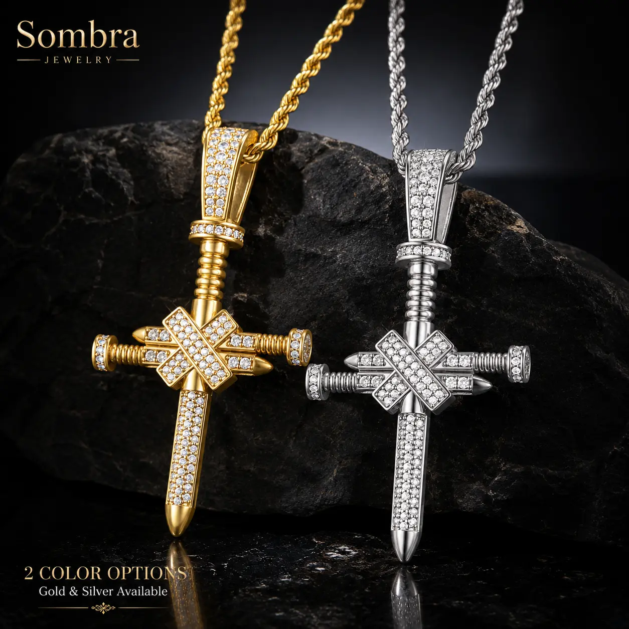 Gold Silver Tone CZ Nail Pendant Chain Style Necklace, Iced Out Rope Chain, Gold-Plated Hip Hop Streetwear Jewelry for Men, Ideal Gift, Chain Style Necklaces