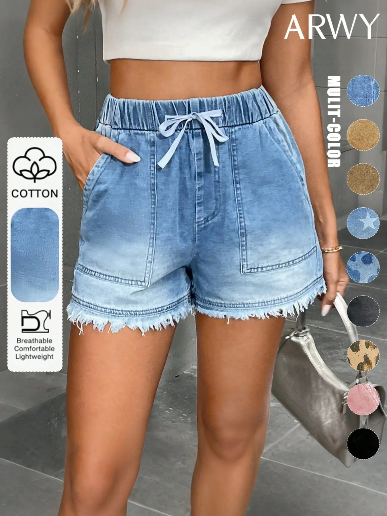 Women's Basic Casual Loose Light Wash Denim Shorts with Adjustable Drawstring, Lightweight Breathable Shorts with Plain Fitted Design for Summer Beach, Travel & Daily Wear