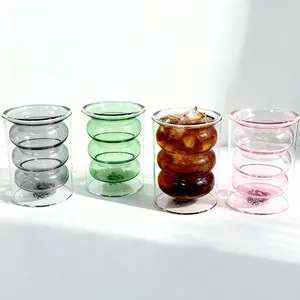(Set of 2)10ozCute Wavy Bubble Double Wall High Borosilicate Glass Cup, Aesthetic Colored Insulated Stackable Tumbler, Iced Coffee Espresso Latte Tea Water Cocktail Cup, Dishwasher & Microwave Safe, Home Office Kitchen Drinkware Bottles tiktokshopspringgl