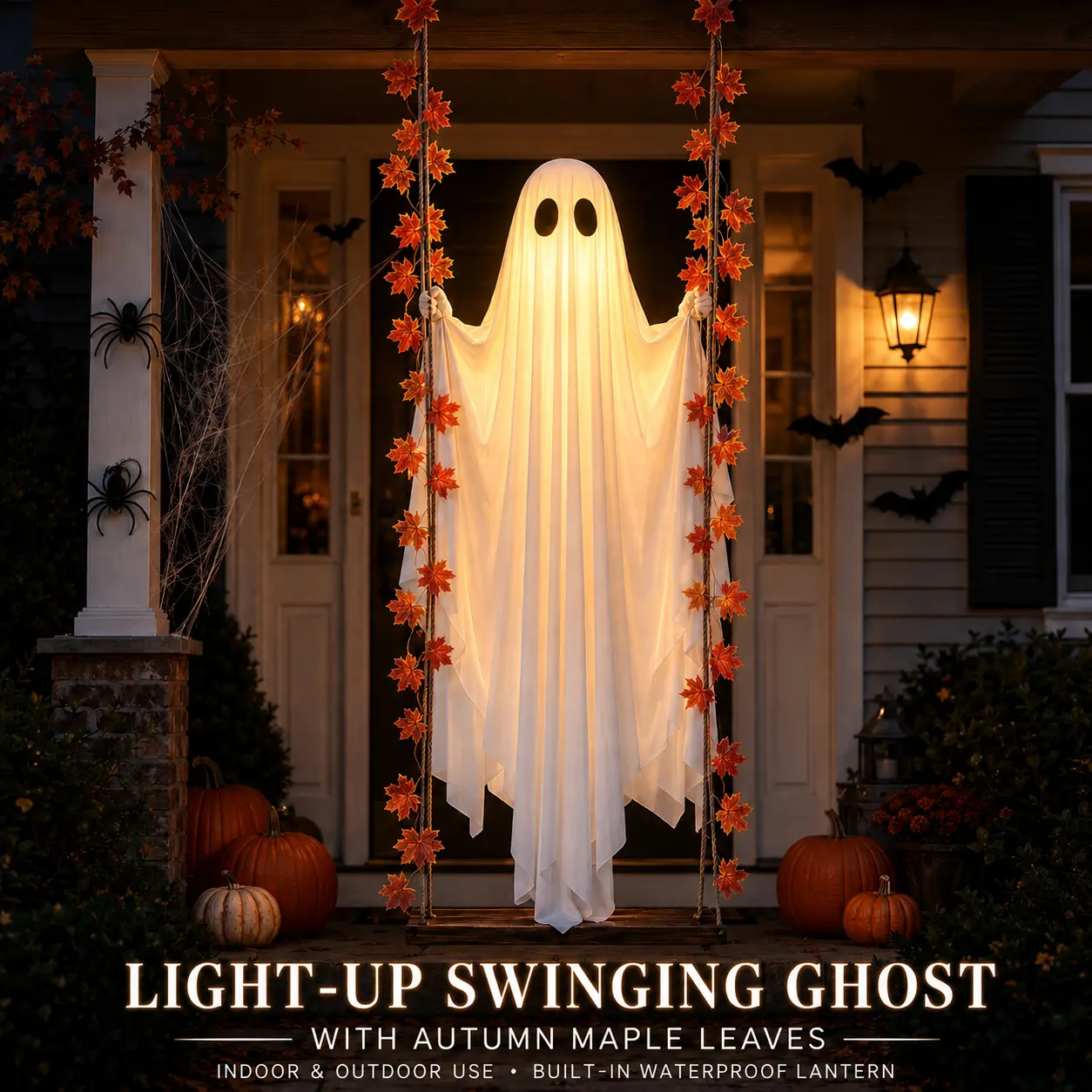 LED Light-Up Swinging Ghost Halloween Decoration with Maple Leaf Garland & Remote Control, Hanging Outdoor Decor for Yd, Porch & Party, Halloween Decorations Outdoor, Party Lighting Decoration