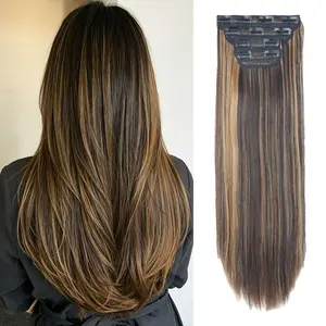Clip in Hair Extensions 22 Inch Straight Synthetic Hairpieces for Women Daily 4 Pcs Thick Hair Extension Clip Ins Natural High-Resistant Fiber Nut Brown Mixed Reddish Brown