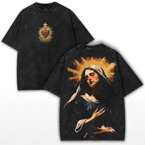 valentine shirts Virgin Mary Sacred Heart Shirt – Vintage Washed Oversized Christian Tee, Religious Graphic Faithwear Gift