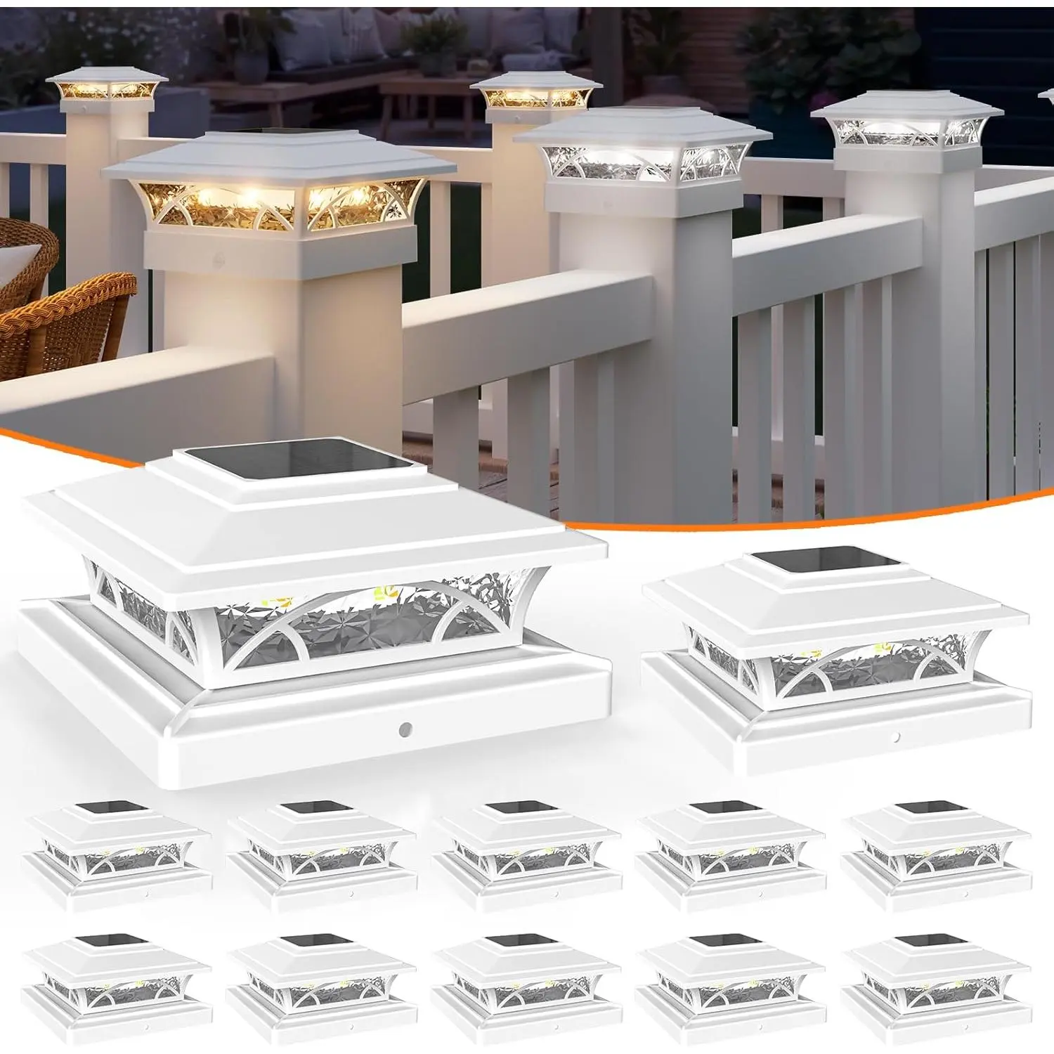 4x4 Solar  Cap Lights, 12 Pack Solar Fence  Lights, IP65  Auto On/Off, 2-Mode Outdoor Lights for 4x4 6x6 /4x4 5x5 Vinyl Posts, Deck, Patio & Yard, White (Easy Install)