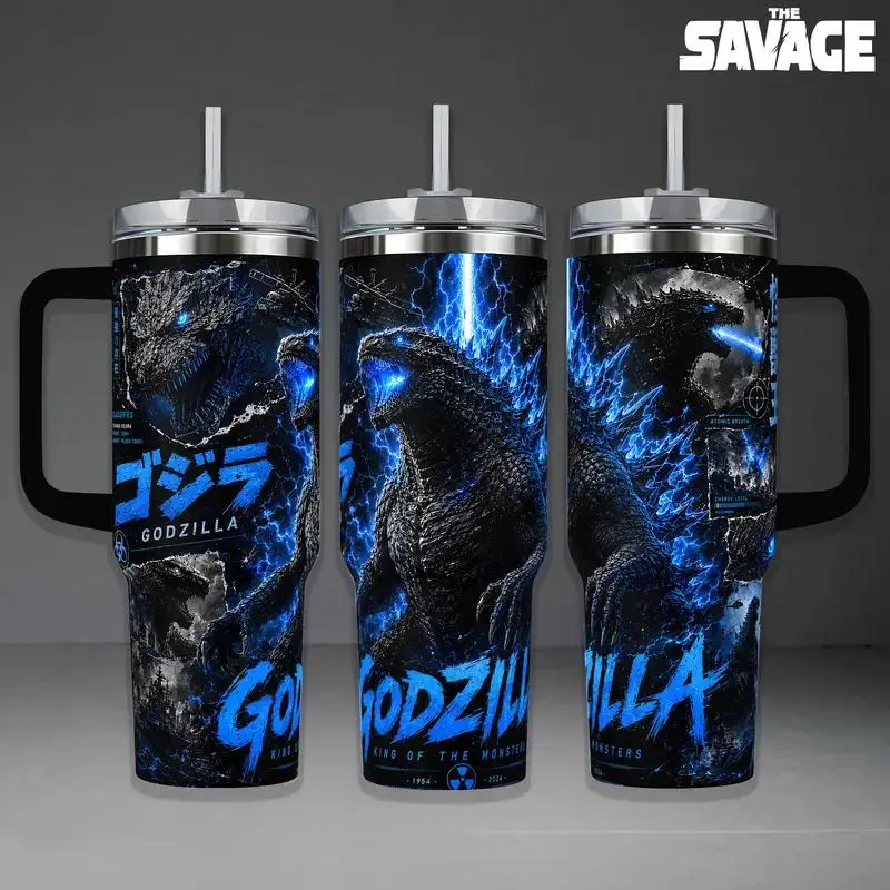 [Gift box & Starw] 40 oz Godzilla King of the Monsters Kaiju Printed Stainless Steel Insulated Water Bottle Tumbler, Blue-Black Reusable Cup with Silicone Straw Lid