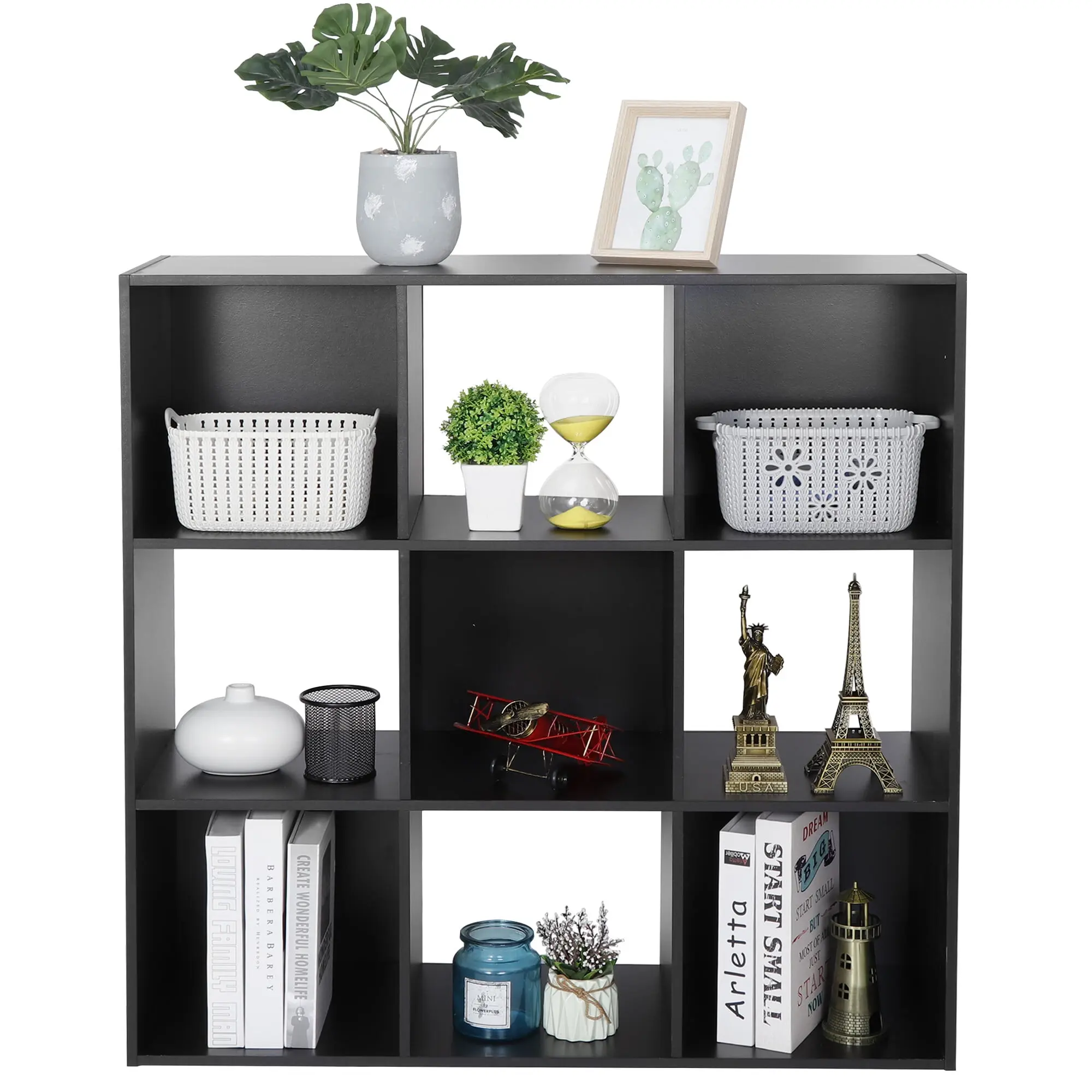 Zeny 9-Cube MDF Wood Bookshelf Book Rack - 3-Shelf Indoor Storage Organizer, Modern Design, Quick Setup, Removable Panels, for Living Room, Black