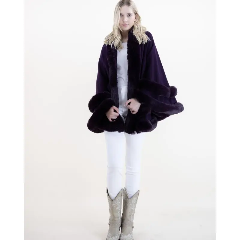 Women's 1-Size Luxury Acrylic Double-Layered Faux Fur Hooded Cape Poncho - Draped Cut Winter Outerwear Coat, Women's Clothes & Tops, Fur & Faux Fur Jacket