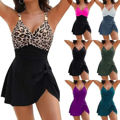 Women's One Piece Swimsuit Gold Metal Tie Knot Swimdress Elegant V Neck Swimwear Push Up Ruched Swimming Costume with Skirts
