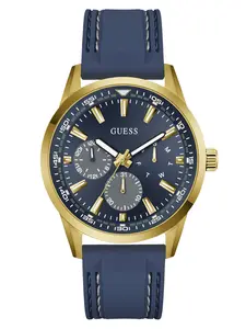 GUESS Male Gold-Tone and Blue Silicone Multifunction Watch