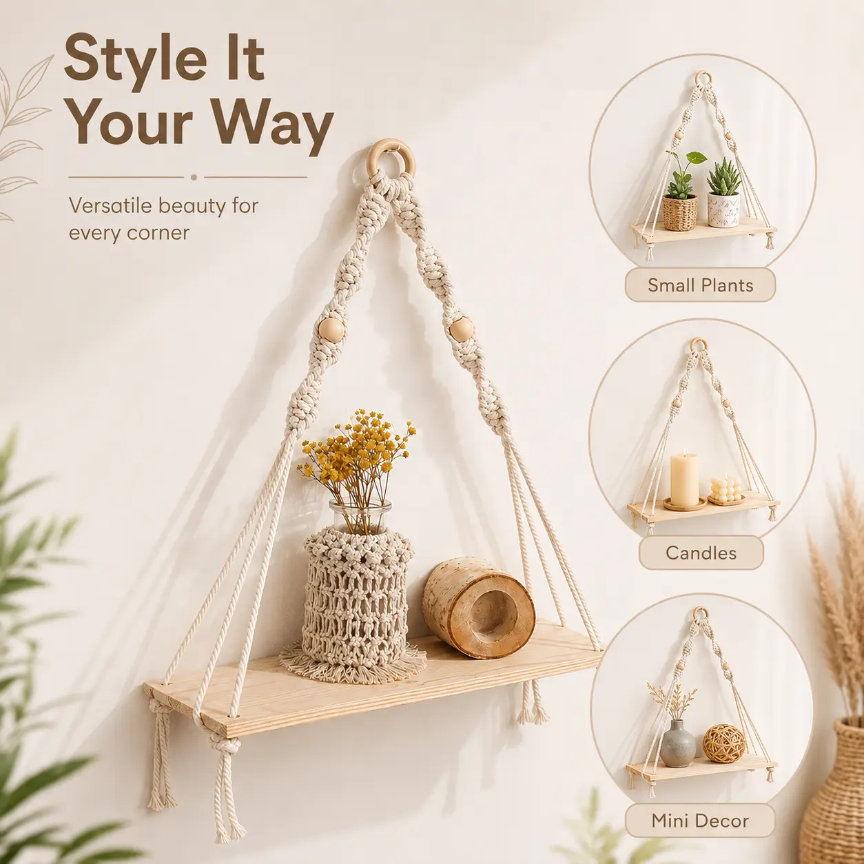 Boho Macrame Wall Hanging Shelf, Handmade Cotton Rope Floating Shelf with Wood Board for Bedroom, Living Room & Plant Decor