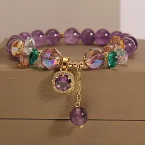 Crystal/A natural purple anxiety relieving bracelet adorned with cube decorations - elegant jewelry in purple and gold tones