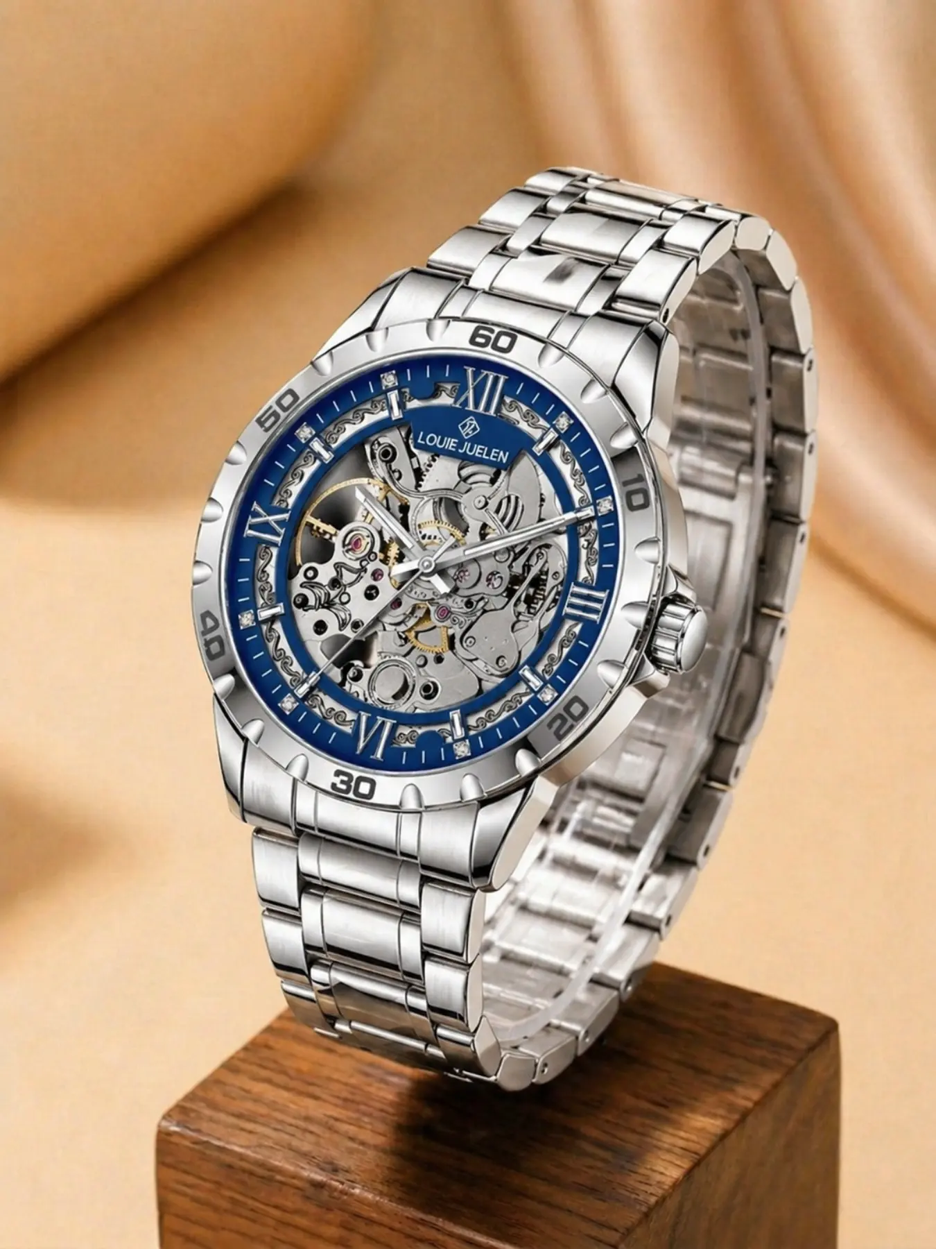 men's lightweight all silver steel with a round dial with sparkling diamonds, Roman hour markers, multi-layer gears, hollowed out design, business style, Automatic Watches, and automatic mechanical watch, Stainless Steel Wristwatch