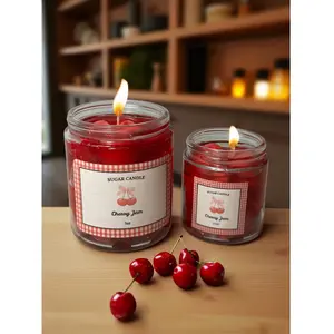 Cherry Jam Handmade Soy & Gel Wax Sugar Candle with Realistic Jar Design & Golden Lid 3.5 oz & 7 oz Sizes Scented Decoration Homemade Decor Gift Fragrance Aroma