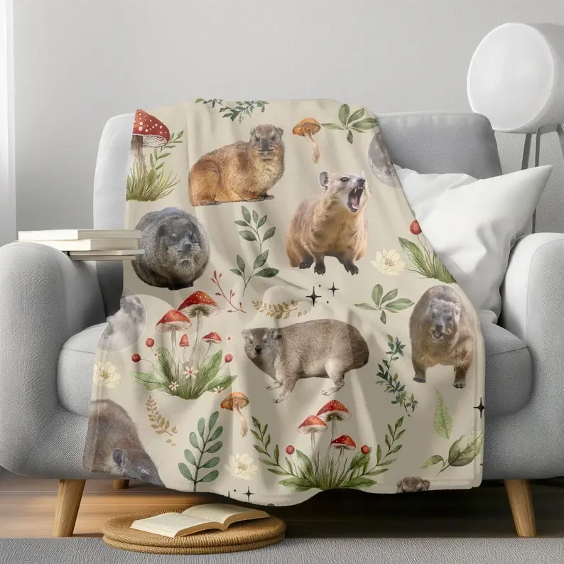 Hyrax Cottagecore Velveteen Plush Blanket, Rock Hyrax Blanket, AWAWA Hyrax Botanical, Hyrax Lover Gift, Trending Hyraxes Moon Blanket, Feral