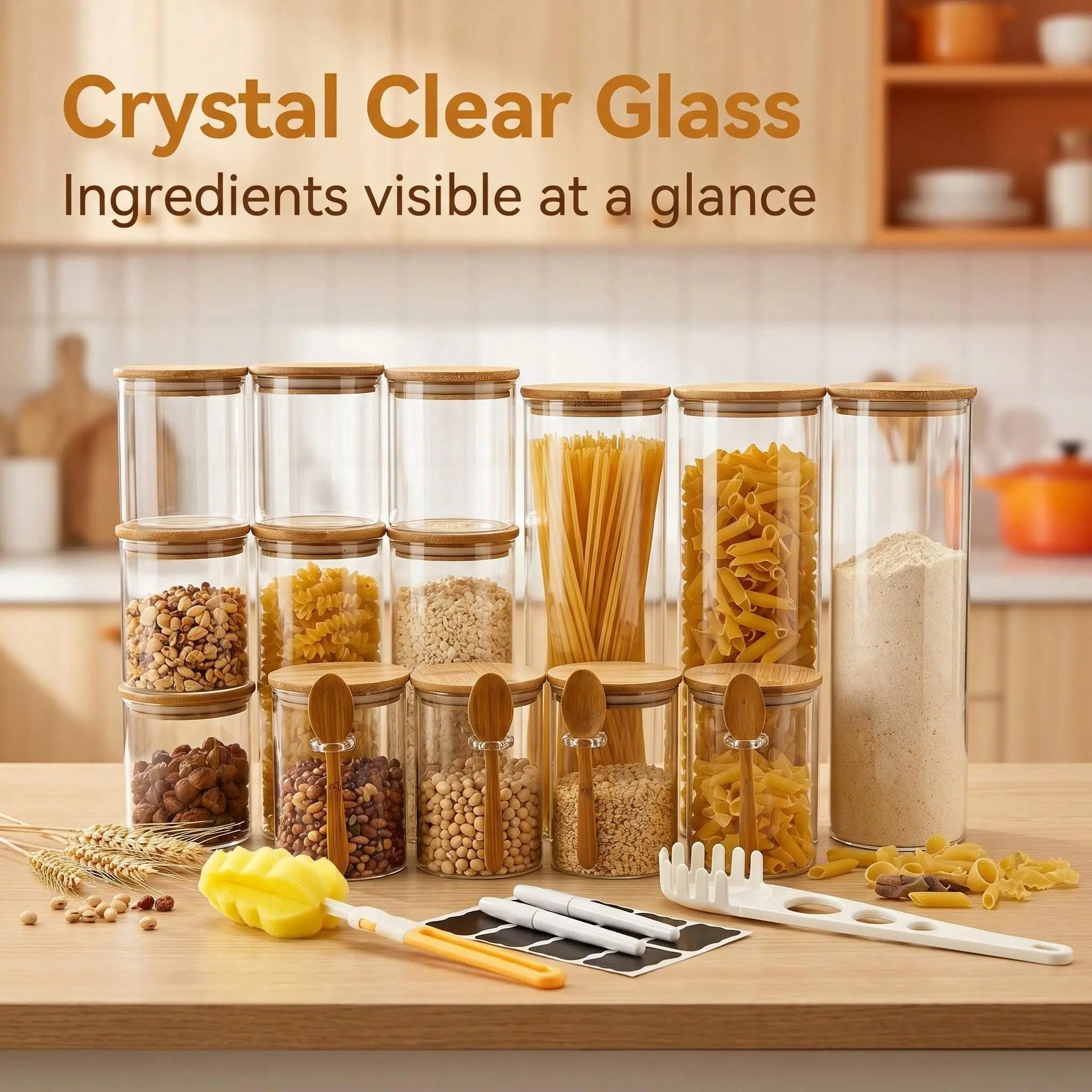 Glass Jars with Bamboo Lids & Spoon, Airtight Food Storage Canister Set, Large Capacity Pantry Organizer, Clear Glass Containers for Pasta, Flour, Coffee Beans, Candy, Cereal, Dry Goods, Kitchen Counter & Cabinet Organization