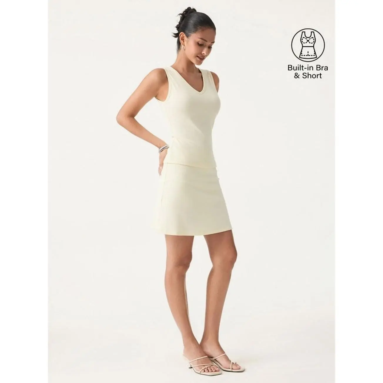 2Pcs Set V-neck Sleeveless Bra Tank & A-line Mini Skirt with Built-in Shorts