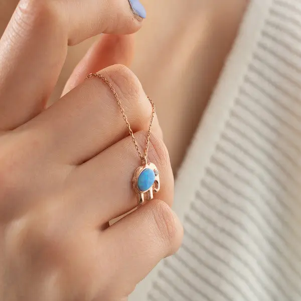 Silver Elephant Necklace ¥ Elephant Necklace Good Luck ¥ Opal Necklace