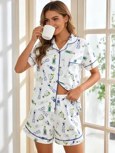 Women's Wine Sleepwear Set Two-Piece Lapel Button Top and Shorts, Casual Home Wear, Comfortable Outerwear, All Seasons