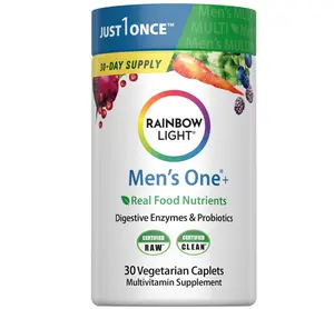 Rainbow Light Mens Multivitamin One + | 30 Caplets | Real Food Nutrients, Digestive Enzymes & Probiotics