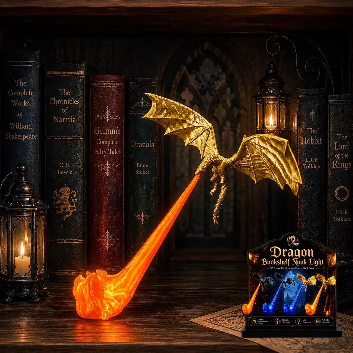 Dragon Shaped Bookshelf Corner Lamp, 3D Printed Fire-Breathing Fantasy Dragon Statue, Bookshelf Decorative Light, Magical Indoor Shelf Ornament