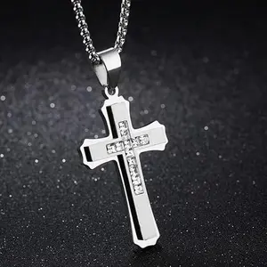 Men's 316L Stainless Steel Layered 3D Brushed Cross Necklace - Iced Out Cubic Zirconia Curb Link Chain, Waterproof Masculine Costume Jewelry Gift for Him functional