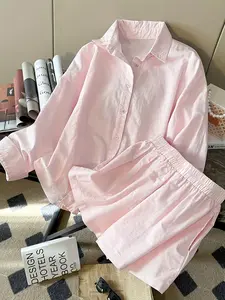 Women's Casual Basic Chic Long Sleeve Shirt & Shorts Set Outfit, Spring & Fall Woven Fabric, Loose-Fit Comfortable Daily Wear Womenswear