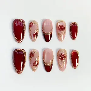 Burgundy Nails/Sparkle Press on nails long almond nails/Dark Red Cat Eye Nails/Red Rose Nails/3D Gold Chrome Nails/Bling Nails/Custom Nails