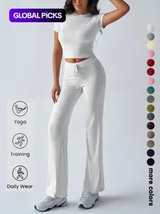 Women's Basic Solid Short Sleeve Two-piece Set, Casual Round Neck Crop Tee & Drawstring High Waist Trousers for Daily Wear, Ladies Summer Clothes, Womenswear