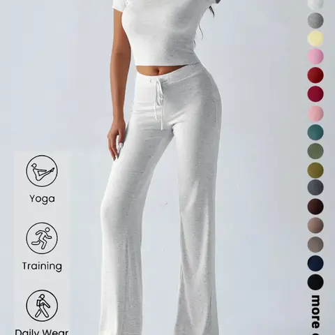 Women's Basic Minimalist Solid Short Sleeve Two-piece Set, Casual Round Neck Crop Tee & Drawstring High Waist Trousers for Daily Wear, Ladies Summer Clothes, Womenswear