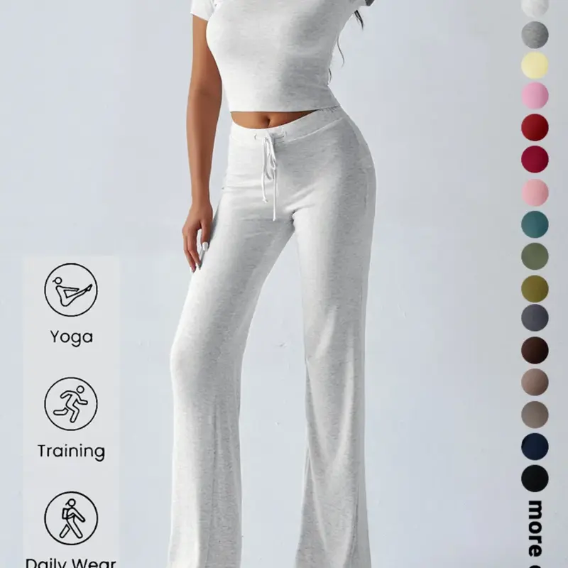 Women's Basic Minimalist Solid Short Sleeve Two-piece Set, Casual Round Neck Crop Tee & Drawstring High Waist Trousers for Daily Wear, Ladies Summer Clothes, Womenswear